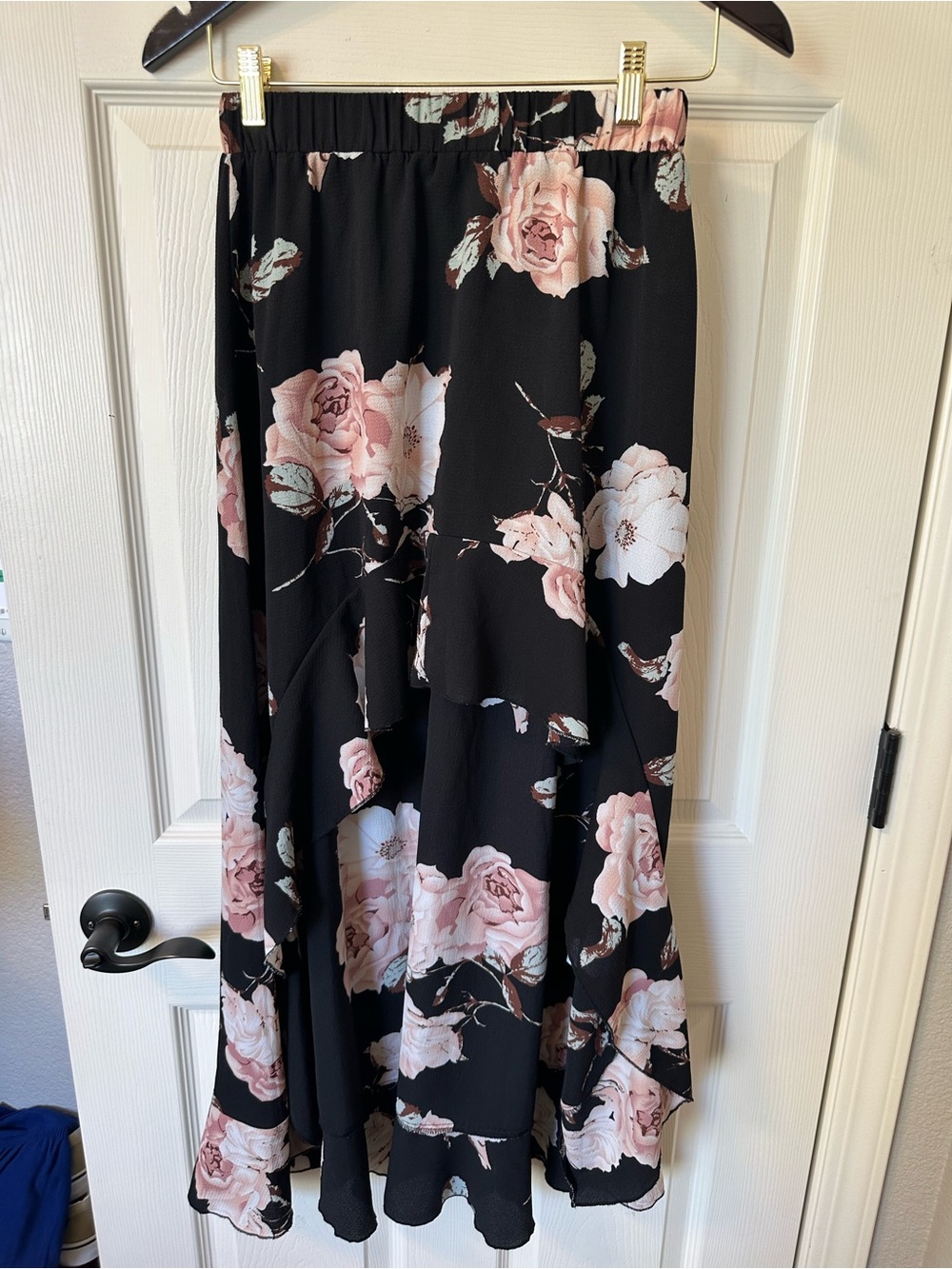 Women's Black Floral Asymmetrical Skirt with Pink Rose Print
